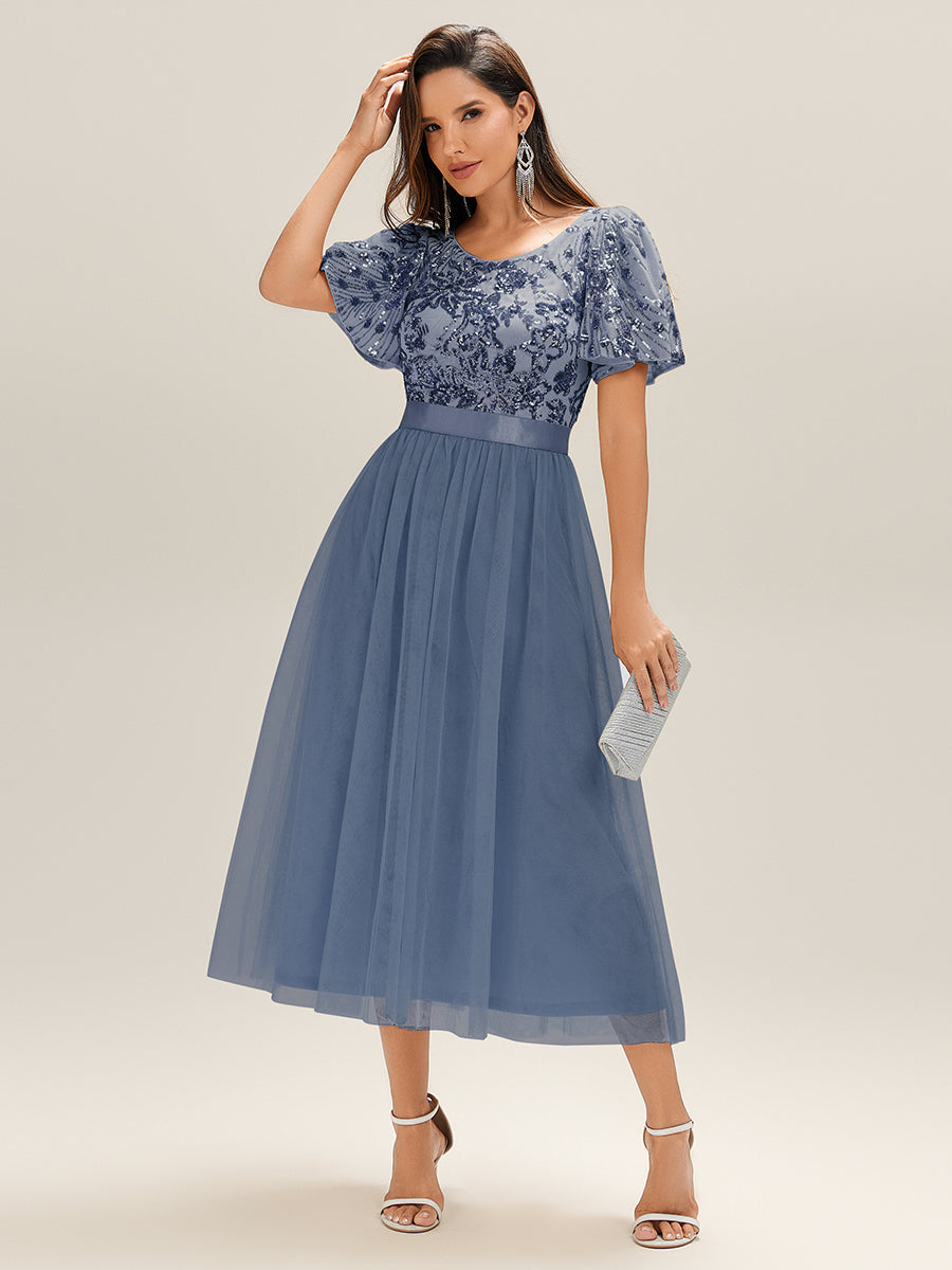 Midi Länge Pailletten Meerjungfrau Kleid Mit Tiefem V-Ausschnitt Elegantes Tee Länge Kleid #Farbe_Taubenblau