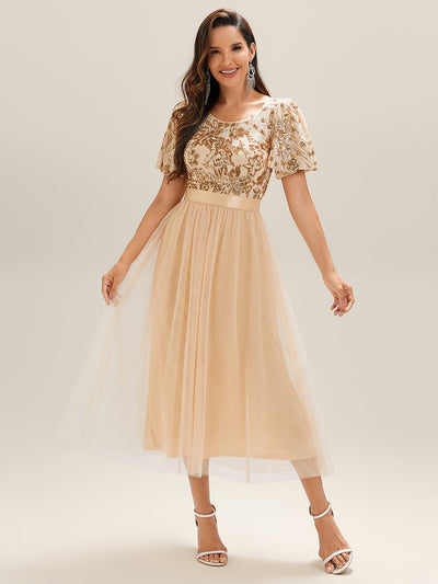 Midi Länge Pailletten Meerjungfrau Kleid Mit Tiefem V-Ausschnitt Elegantes Tee Länge Kleid #Farbe_Gold