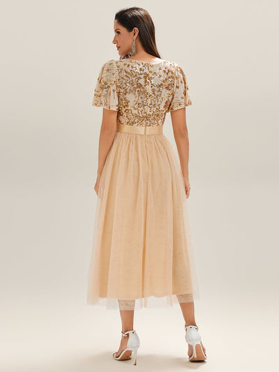 Midi Länge Pailletten Meerjungfrau Kleid Mit Tiefem V-Ausschnitt Elegantes Tee Länge Kleid #Farbe_Gold