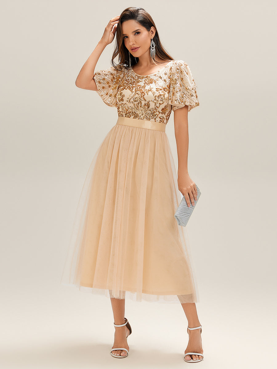 Midi Länge Pailletten Meerjungfrau Kleid Mit Tiefem V-Ausschnitt Elegantes Tee Länge Kleid #Farbe_Gold