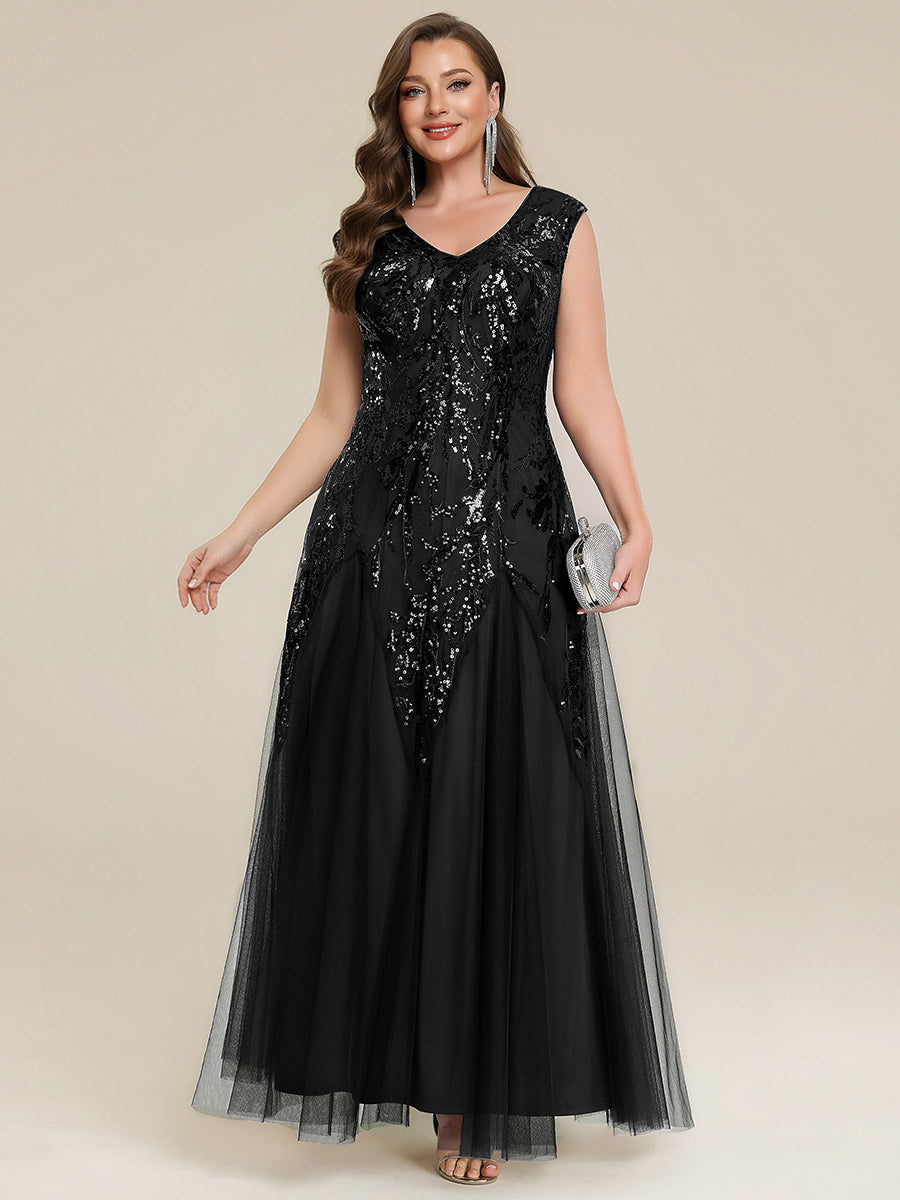 Bodenlanger V-Ausschnitt A-Linie Pailletten Kleid Mit Besticktem Blumenmuster #Farbe_Schwarz