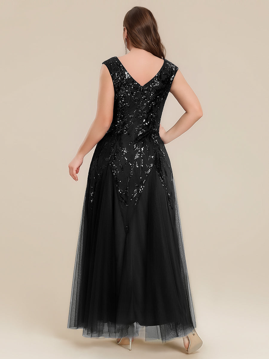Bodenlanger V-Ausschnitt A-Linie Pailletten Kleid Mit Besticktem Blumenmuster #Farbe_Schwarz