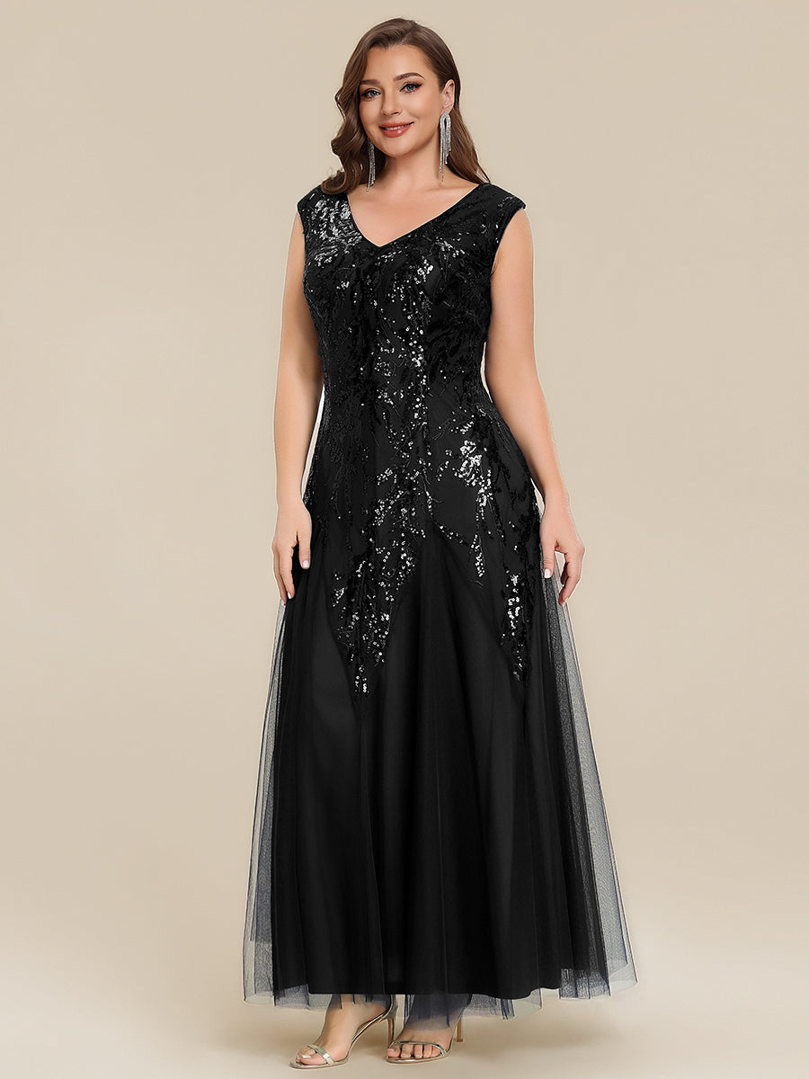 Bodenlanger V-Ausschnitt A-Linie Pailletten Kleid Mit Besticktem Blumenmuster #Farbe_Schwarz
