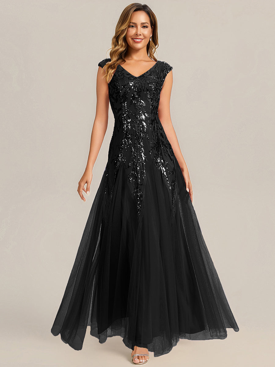 Bodenlanger V-Ausschnitt A-Linie Pailletten Kleid Mit Besticktem Blumenmuster #Farbe_Schwarz