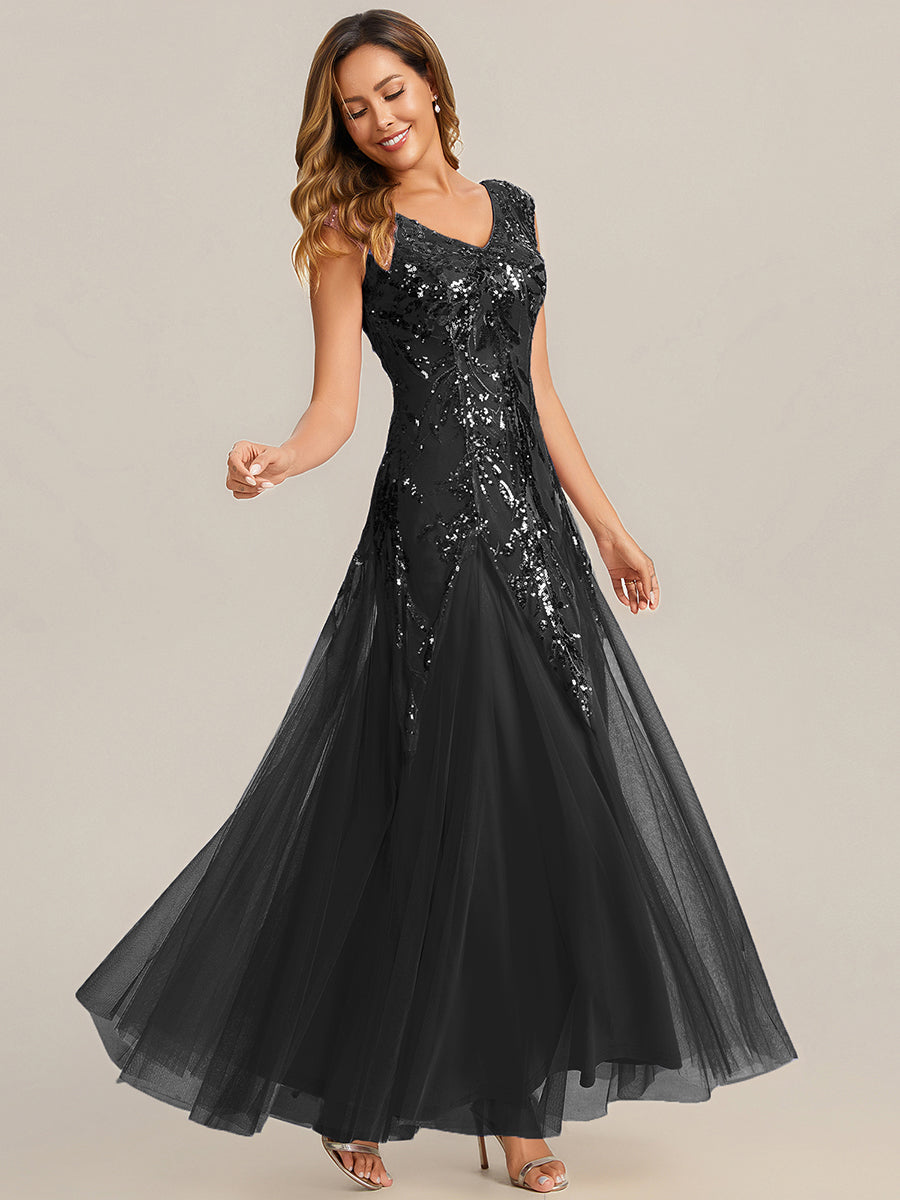 Bodenlanger V-Ausschnitt A-Linie Pailletten Kleid Mit Besticktem Blumenmuster #Farbe_Schwarz