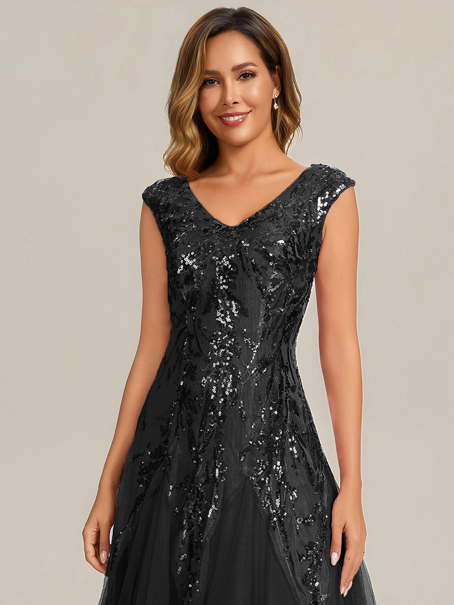 Bodenlanger V-Ausschnitt A-Linie Pailletten Kleid Mit Besticktem Blumenmuster #Farbe_Schwarz
