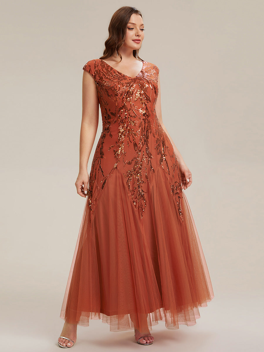 Bodenlanger V-Ausschnitt A-Linie Pailletten Kleid Mit Besticktem Blumenmuster #Farbe_Gebranntes Orange