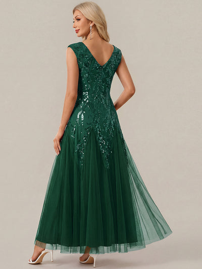 Bodenlanger V-Ausschnitt A-Linie Pailletten Kleid Mit Besticktem Blumenmuster #Farbe_Dunkelgrün