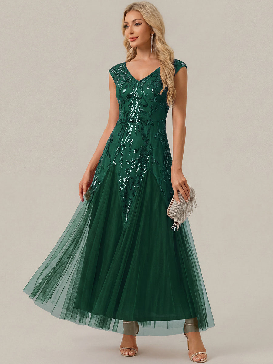 Bodenlanger V-Ausschnitt A-Linie Pailletten Kleid Mit Besticktem Blumenmuster #Farbe_Dunkelgrün