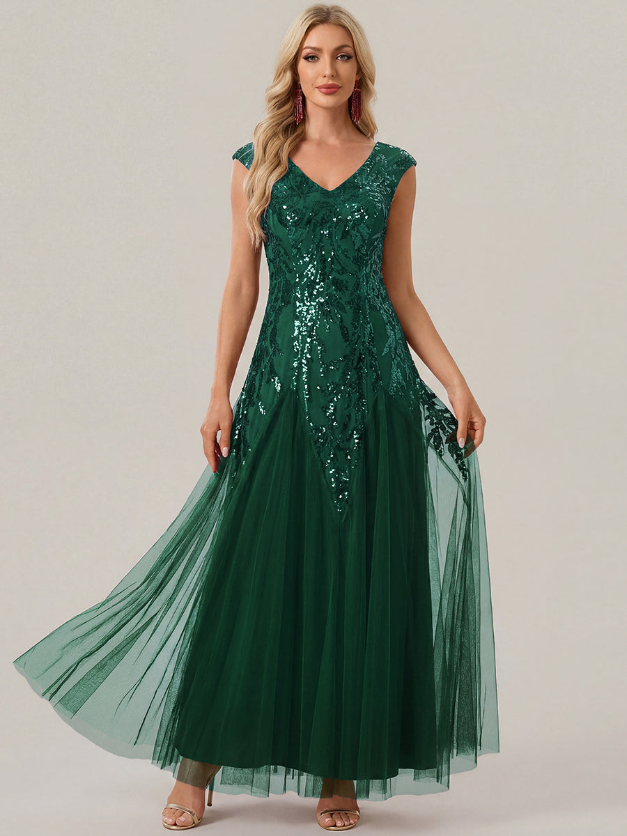 Bodenlanger V-Ausschnitt A-Linie Pailletten Kleid Mit Besticktem Blumenmuster #Farbe_Dunkelgrün