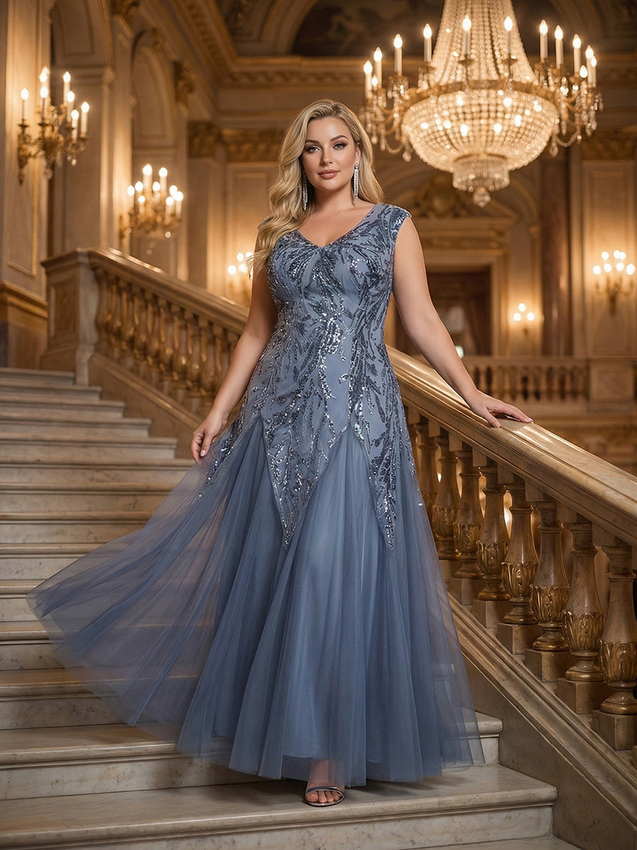 Bodenlanger V-Ausschnitt A-Linie Pailletten Kleid Mit Besticktem Blumenmuster #Farbe_Taubenblau