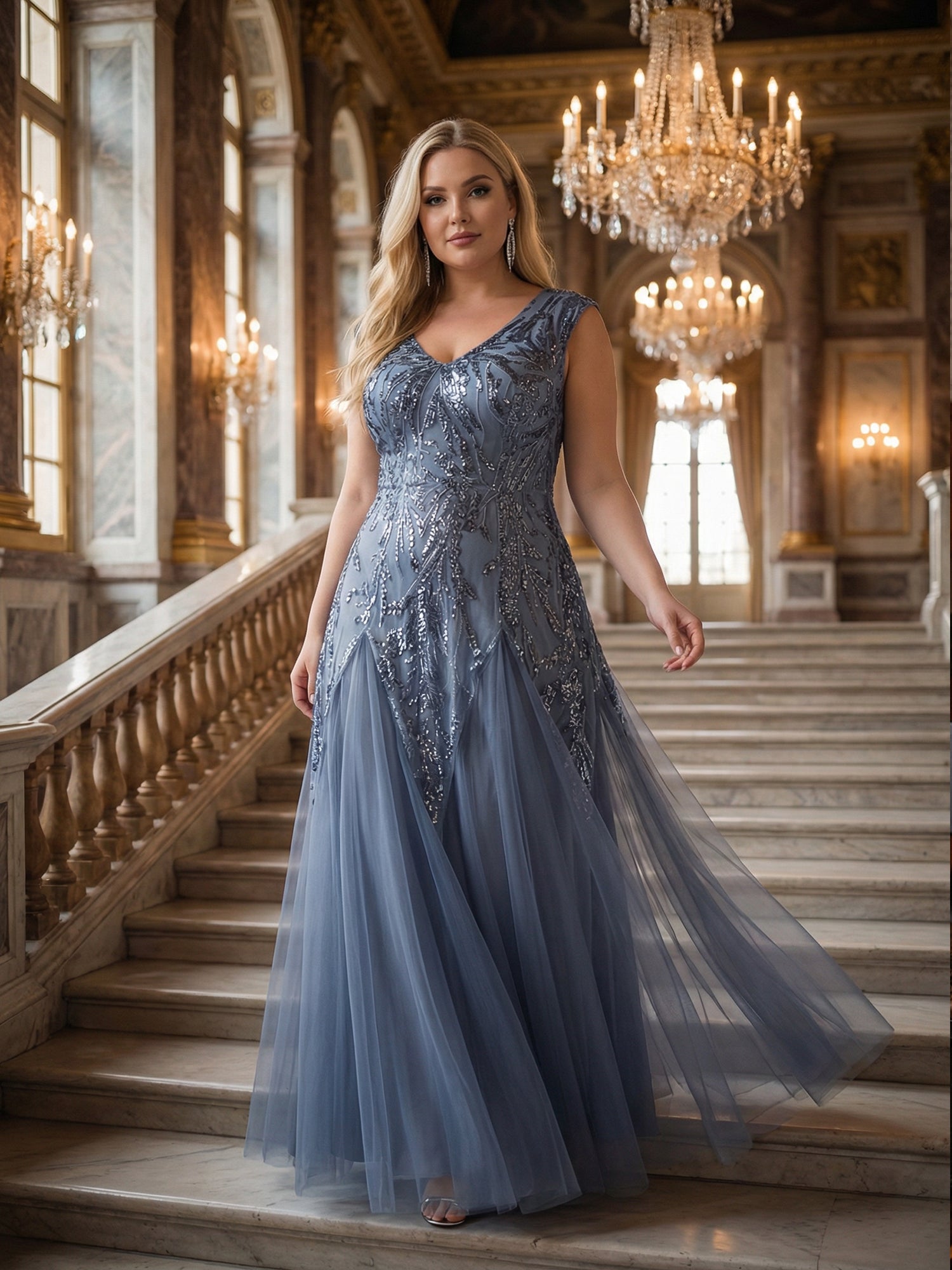 Bodenlanger V-Ausschnitt A-Linie Pailletten Kleid Mit Besticktem Blumenmuster #Farbe_Taubenblau