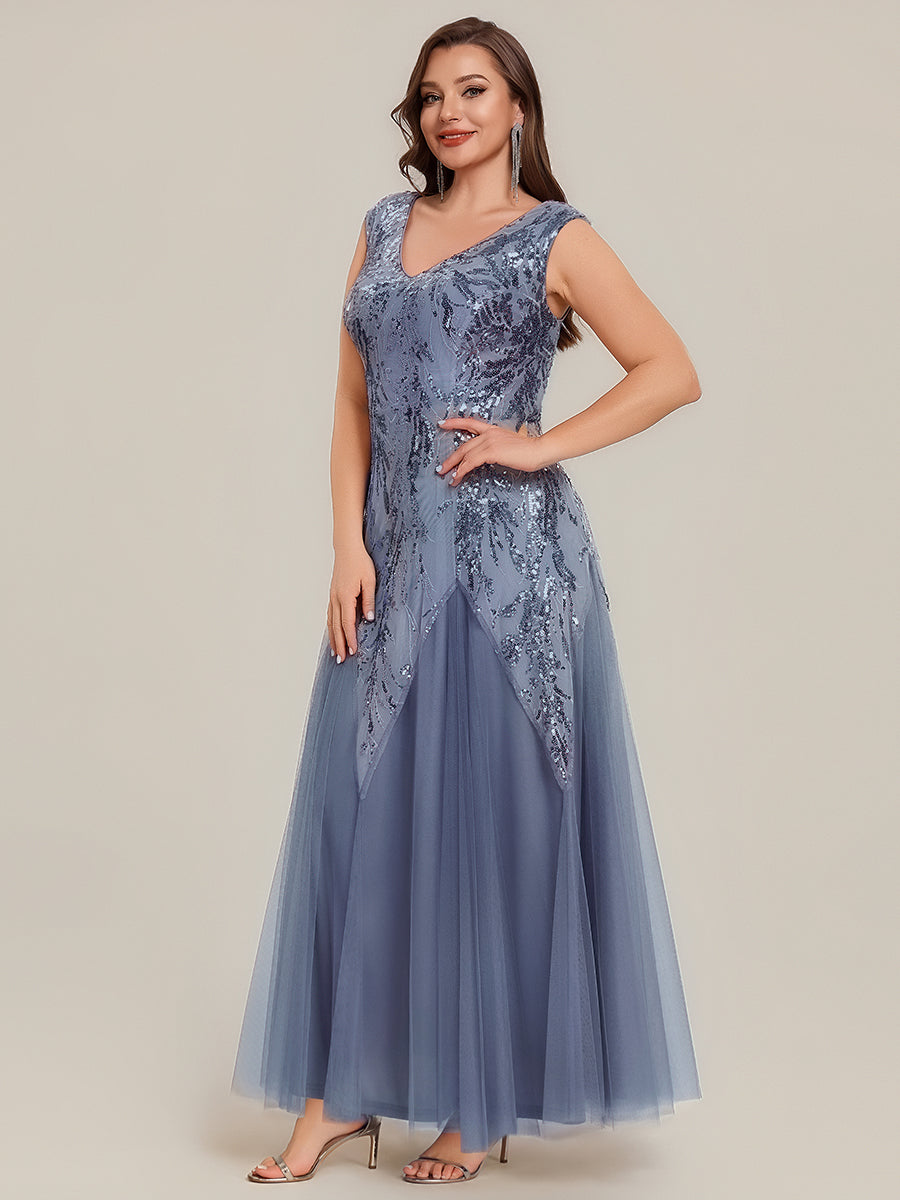 Bodenlanger V-Ausschnitt A-Linie Pailletten Kleid Mit Besticktem Blumenmuster #Farbe_Taubenblau