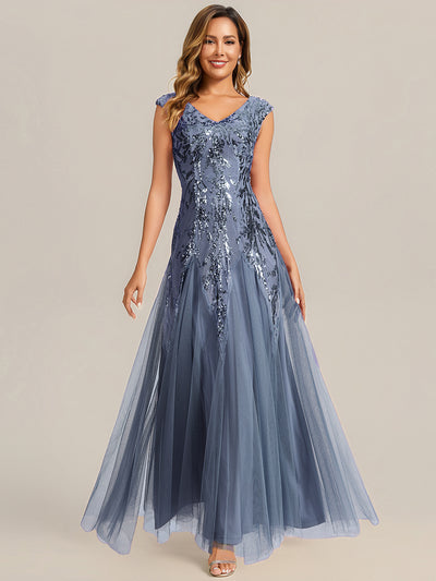 Bodenlanger V-Ausschnitt A-Linie Pailletten Kleid Mit Besticktem Blumenmuster #Farbe_Taubenblau