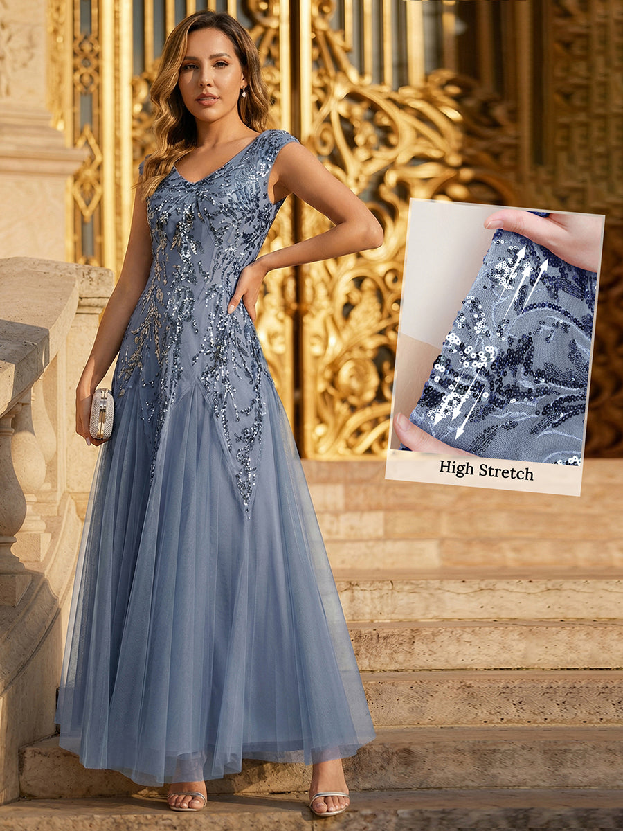 Bodenlanger V-Ausschnitt A-Linie Pailletten Kleid Mit Besticktem Blumenmuster #Farbe_Taubenblau