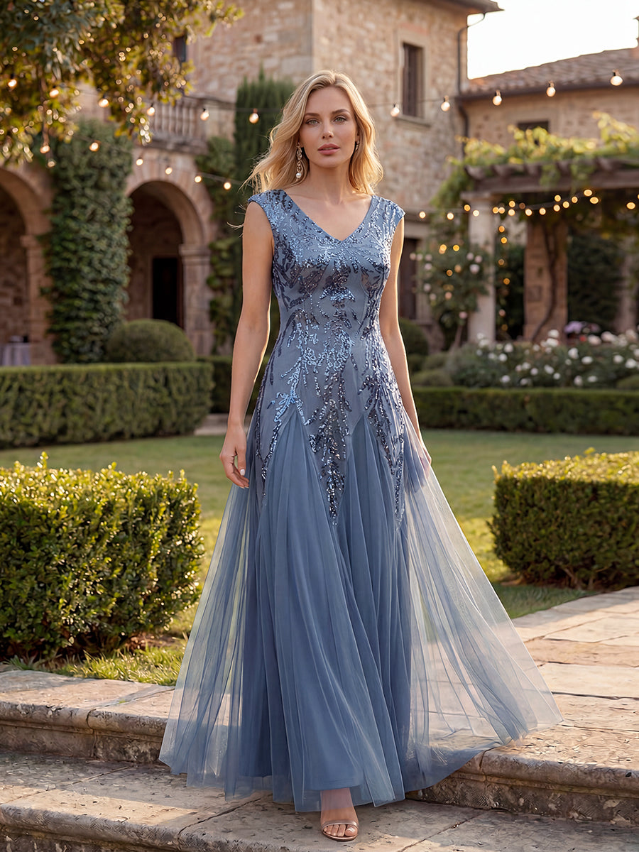 Bodenlanger V-Ausschnitt A-Linie Pailletten Kleid Mit Besticktem Blumenmuster #Farbe_Taubenblau