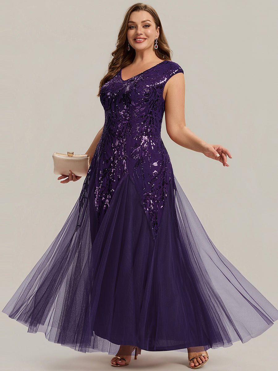 Bodenlanger V-Ausschnitt A-Linie Pailletten Kleid Mit Besticktem Blumenmuster #Farbe_Dunkelviolett