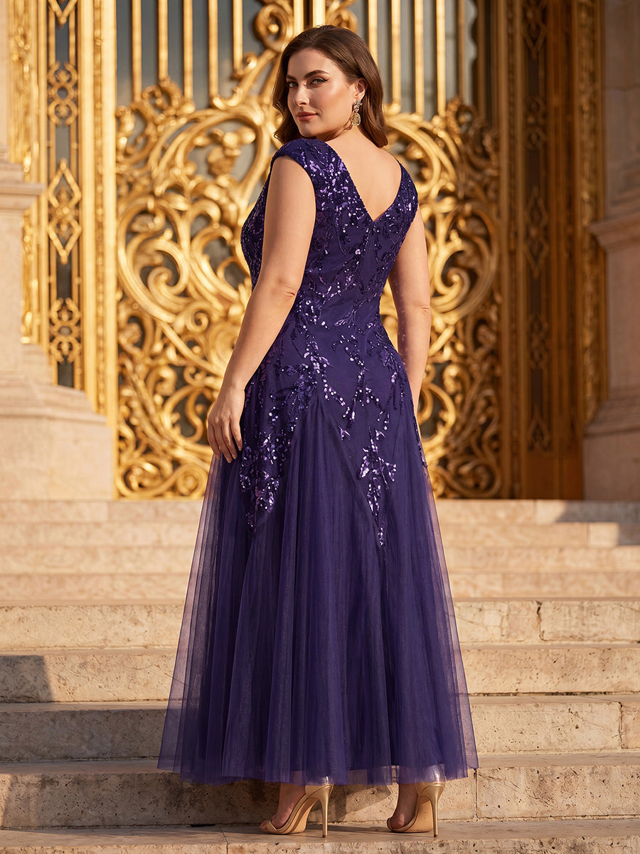 Bodenlanger V-Ausschnitt A-Linie Pailletten Kleid Mit Besticktem Blumenmuster #Farbe_Dunkelviolett