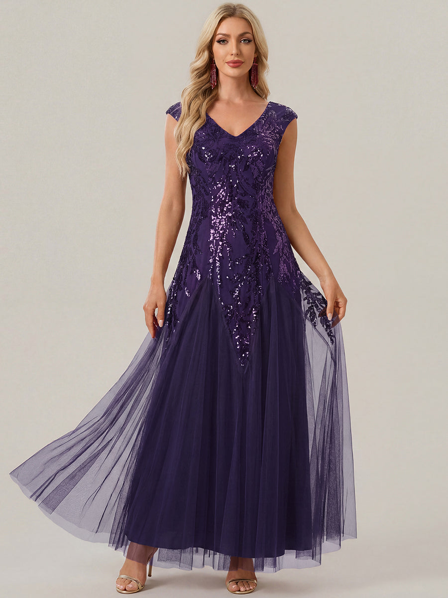 Bodenlanger V-Ausschnitt A-Linie Pailletten Kleid Mit Besticktem Blumenmuster #Farbe_Dunkelviolett