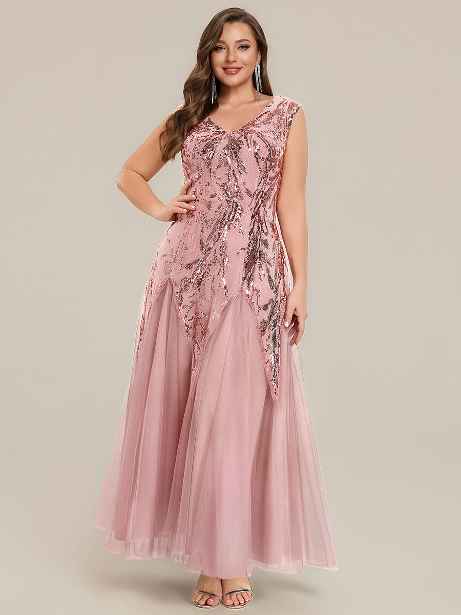 Bodenlanger V-Ausschnitt A-Linie Pailletten Kleid Mit Besticktem Blumenmuster #Farbe_Altrosa