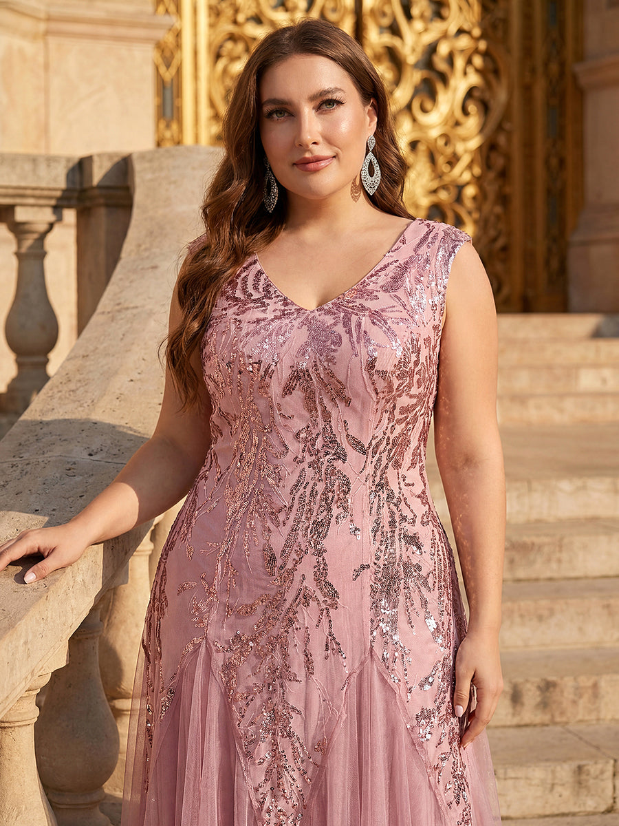 Bodenlanger V-Ausschnitt A-Linie Pailletten Kleid Mit Besticktem Blumenmuster #Farbe_Altrosa