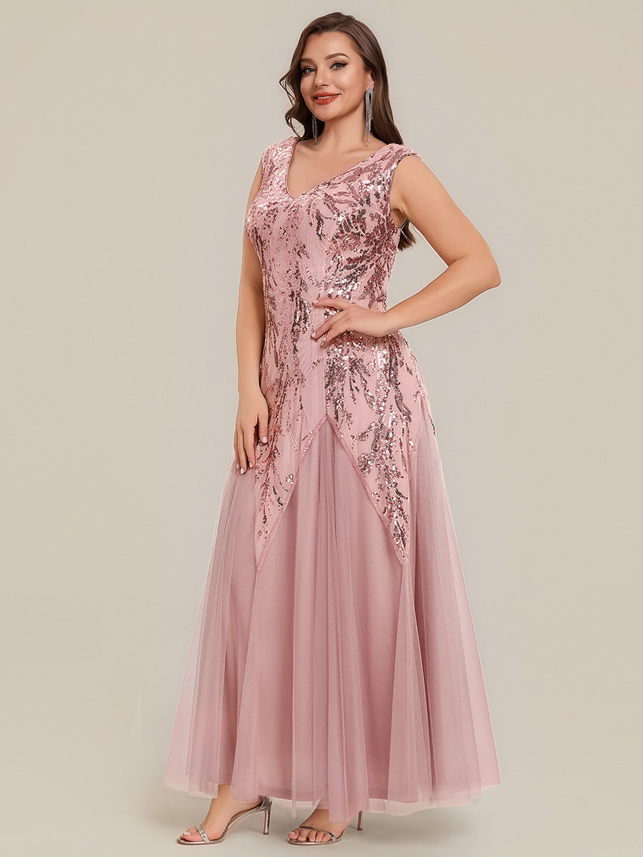 Bodenlanger V-Ausschnitt A-Linie Pailletten Kleid Mit Besticktem Blumenmuster #Farbe_Altrosa