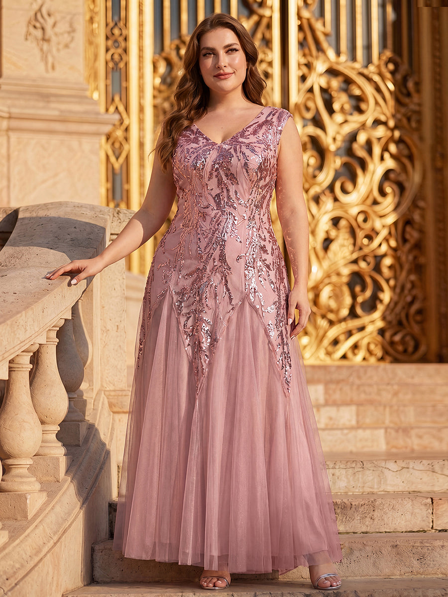 Bodenlanger V-Ausschnitt A-Linie Pailletten Kleid Mit Besticktem Blumenmuster #Farbe_Altrosa