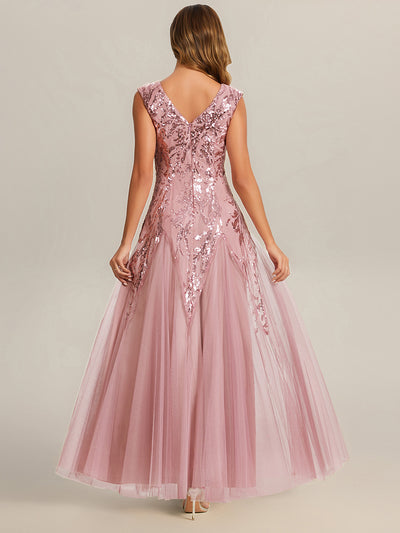 Bodenlanger V-Ausschnitt A-Linie Pailletten Kleid Mit Besticktem Blumenmuster #Farbe_Altrosa