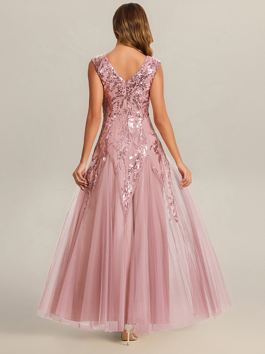 Bodenlanger V-Ausschnitt A-Linie Pailletten Kleid Mit Besticktem Blumenmuster #Farbe_Altrosa