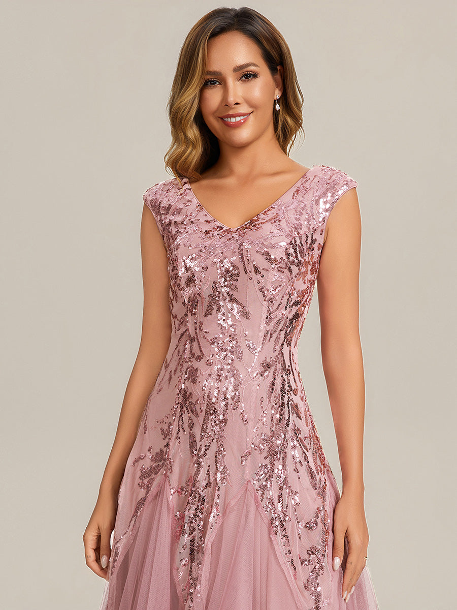 Bodenlanger V-Ausschnitt A-Linie Pailletten Kleid Mit Besticktem Blumenmuster #Farbe_Altrosa