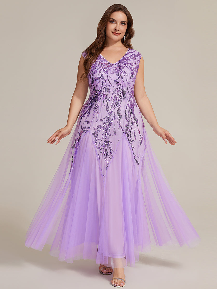 Bodenlanger V-Ausschnitt A-Linie Pailletten Kleid Mit Besticktem Blumenmuster #Farbe_Mattflieder