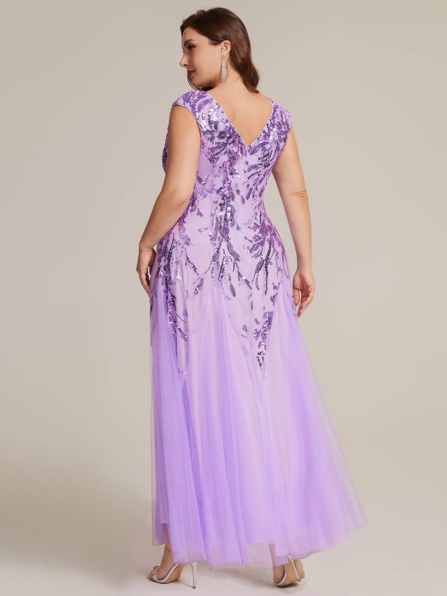 Bodenlanger V-Ausschnitt A-Linie Pailletten Kleid Mit Besticktem Blumenmuster #Farbe_Mattflieder