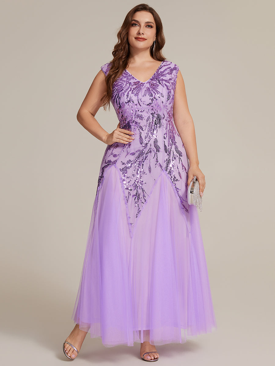 Bodenlanger V-Ausschnitt A-Linie Pailletten Kleid Mit Besticktem Blumenmuster #Farbe_Mattflieder