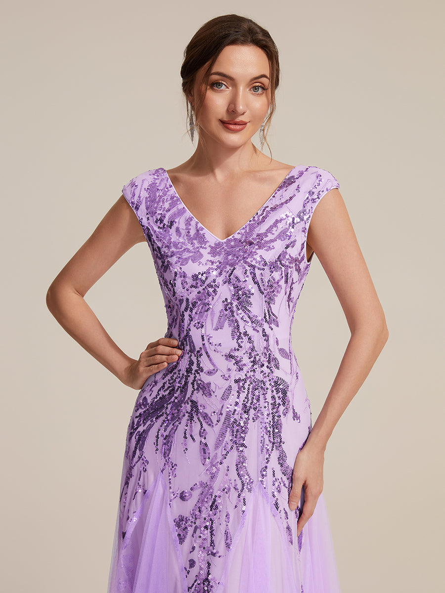 Bodenlanger V-Ausschnitt A-Linie Pailletten Kleid Mit Besticktem Blumenmuster #Farbe_Mattflieder