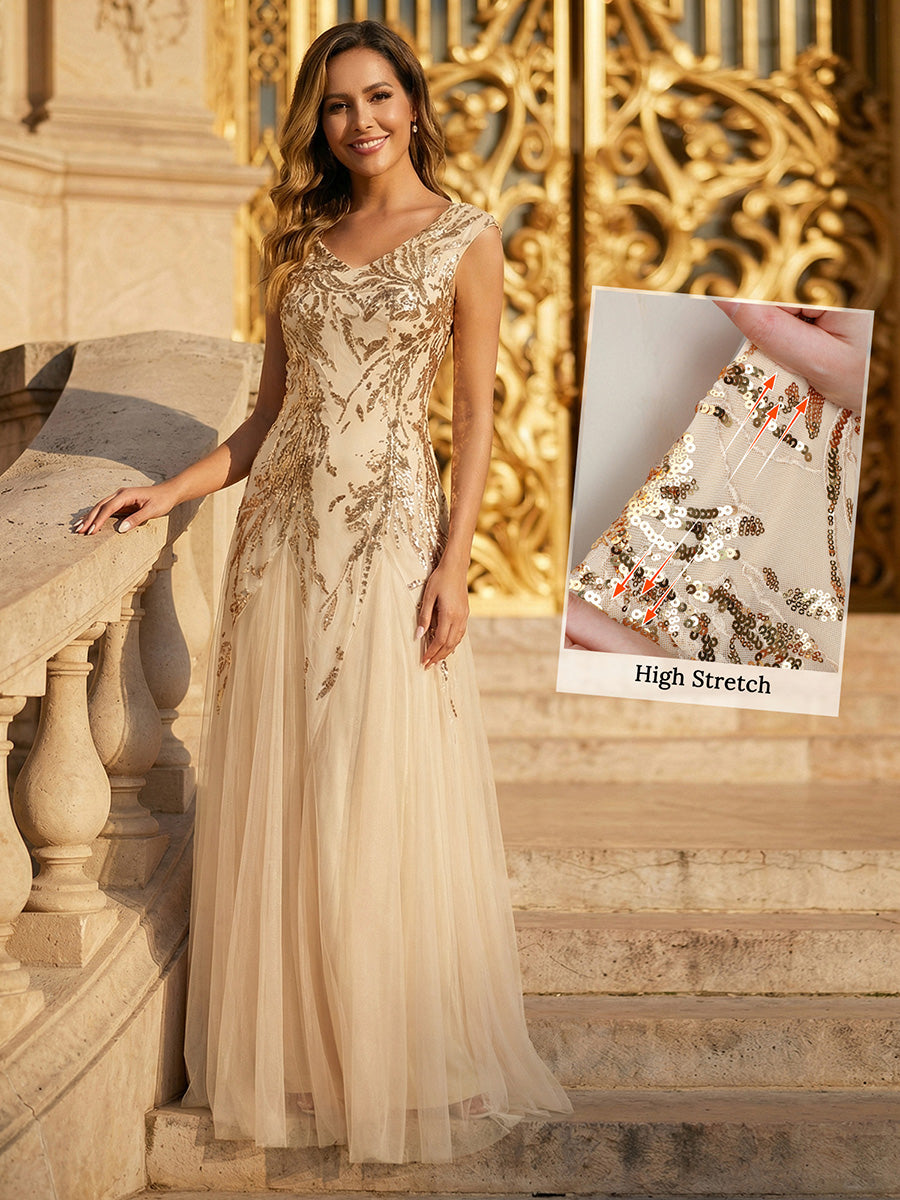 Bodenlanger V-Ausschnitt A-Linie Pailletten Kleid Mit Besticktem Blumenmuster #Farbe_Gold