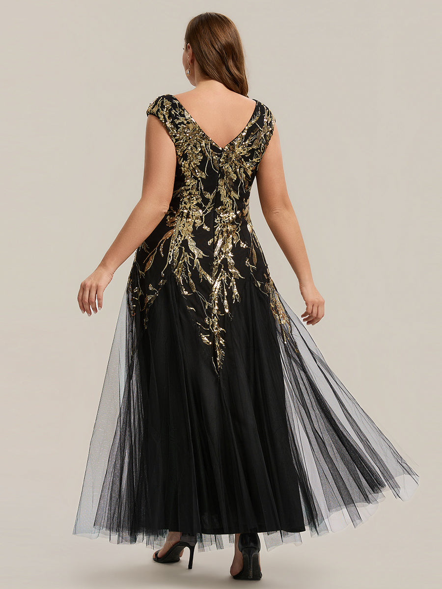 Bodenlanger V-Ausschnitt A-Linie Pailletten Kleid Mit Besticktem Blumenmuster #Farbe_Schwarz & Gold