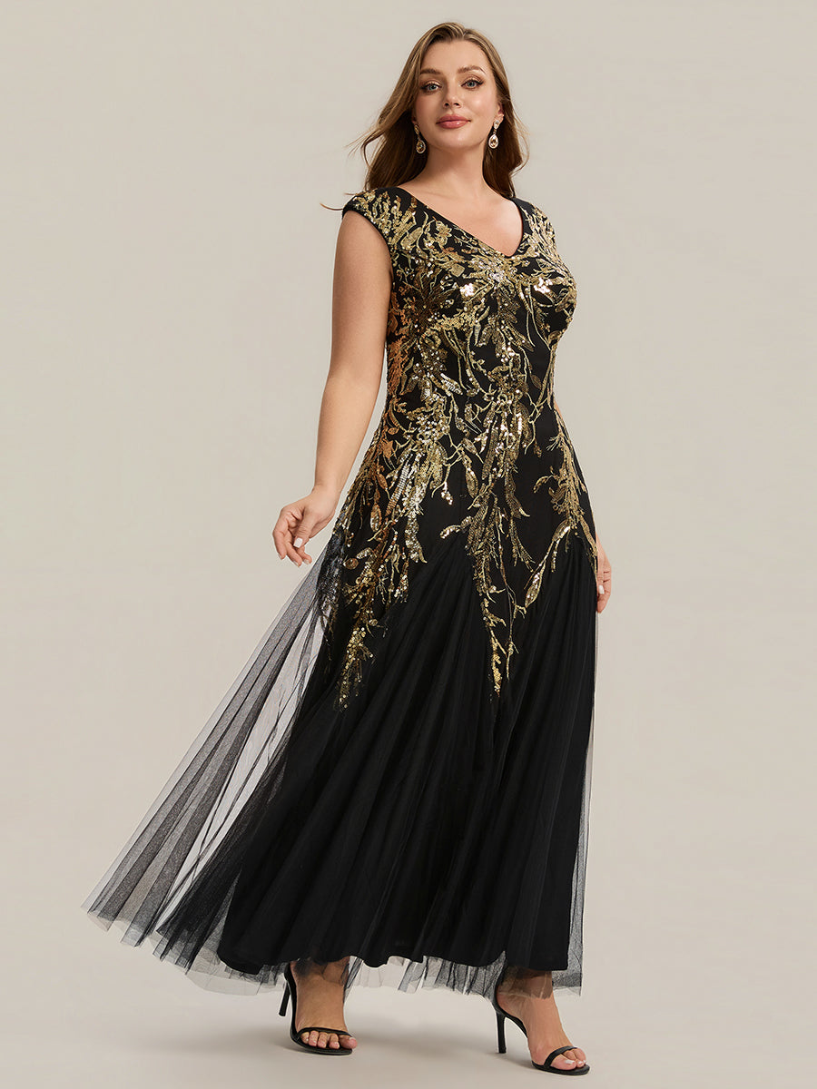 Bodenlanger V-Ausschnitt A-Linie Pailletten Kleid Mit Besticktem Blumenmuster #Farbe_Schwarz & Gold