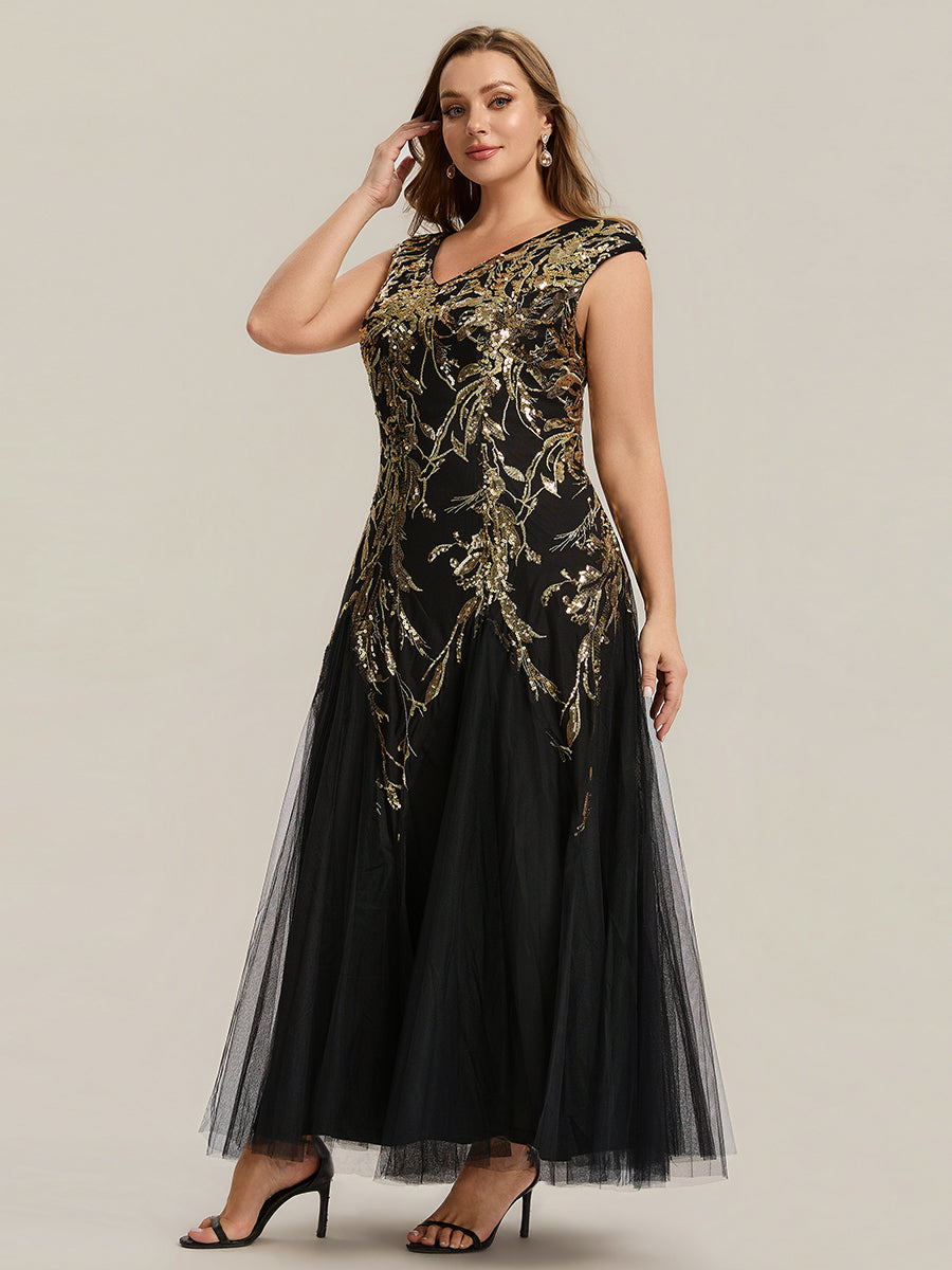 Bodenlanger V-Ausschnitt A-Linie Pailletten Kleid Mit Besticktem Blumenmuster #Farbe_Schwarz & Gold
