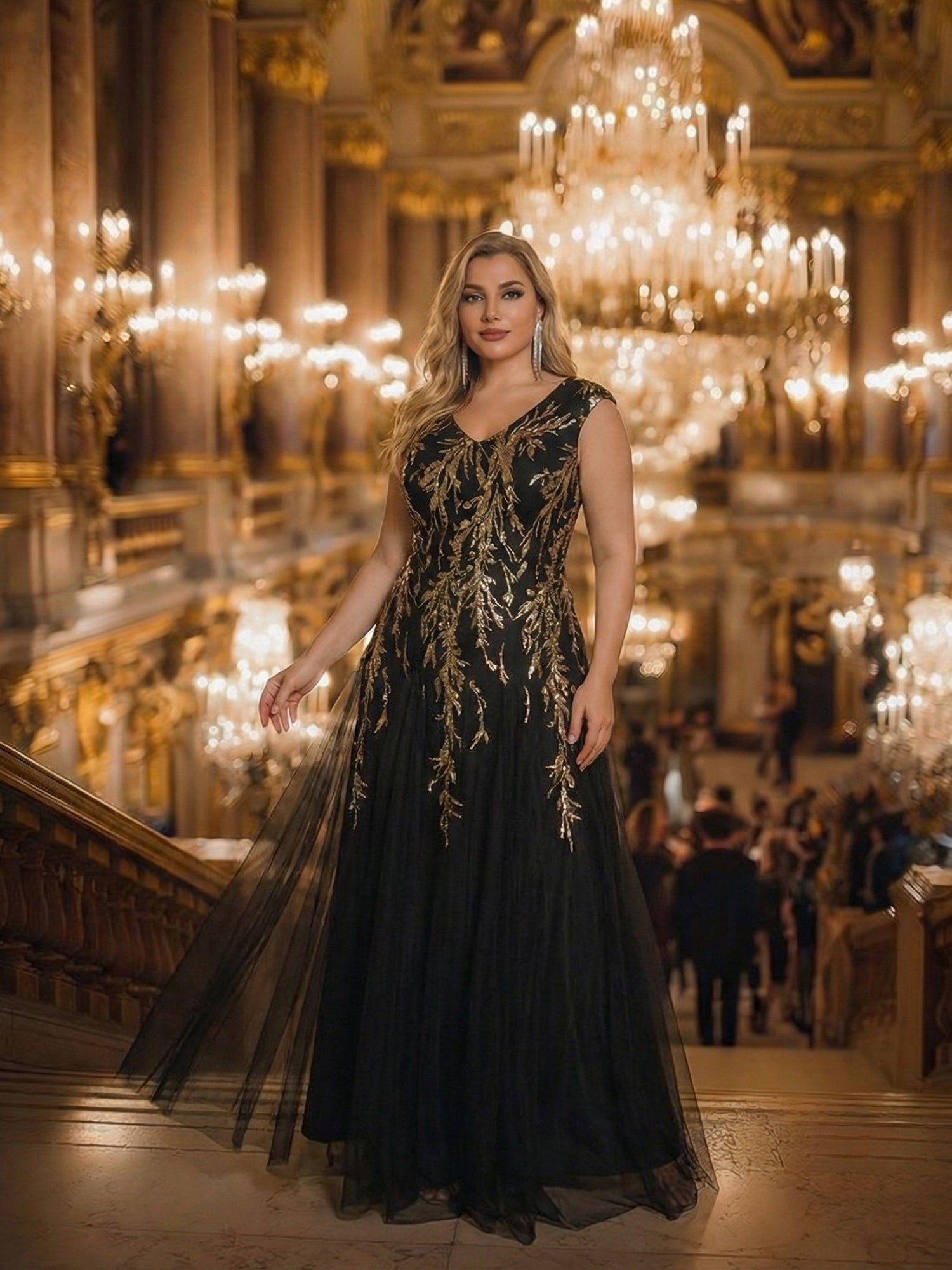 Bodenlanger V-Ausschnitt A-Linie Pailletten Kleid Mit Besticktem Blumenmuster #Farbe_Schwarz & Gold
