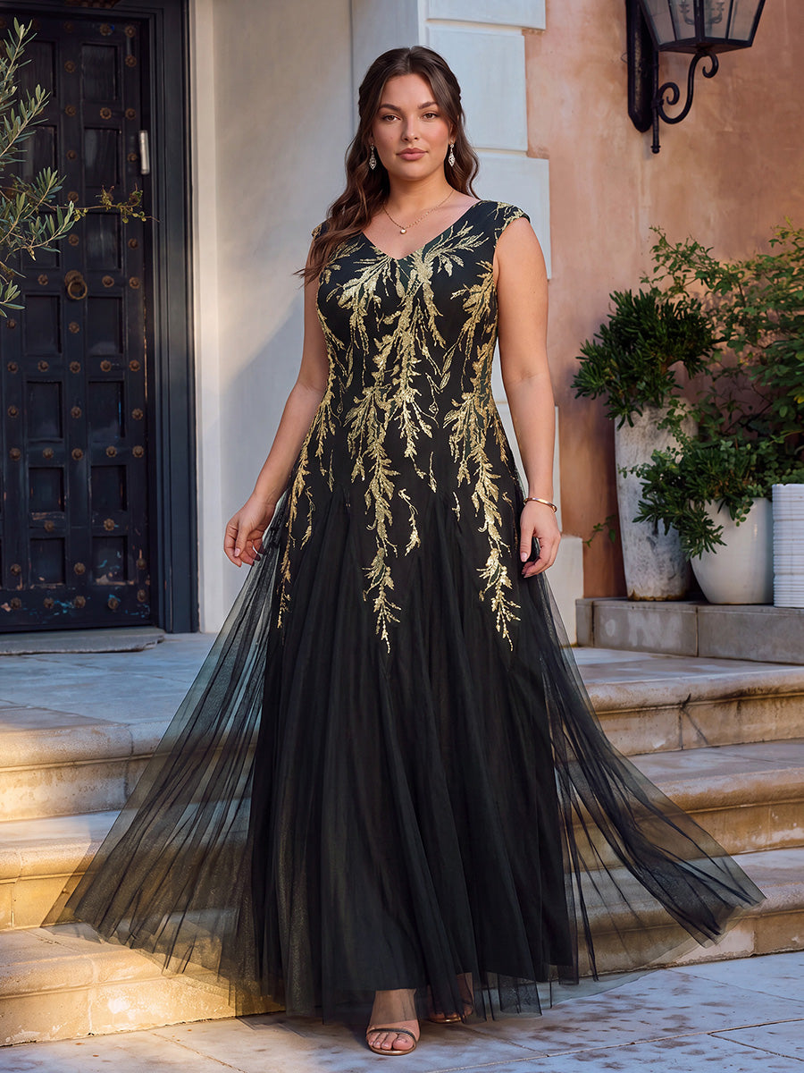 Bodenlanger V-Ausschnitt A-Linie Pailletten Kleid Mit Besticktem Blumenmuster #Farbe_Schwarz & Gold