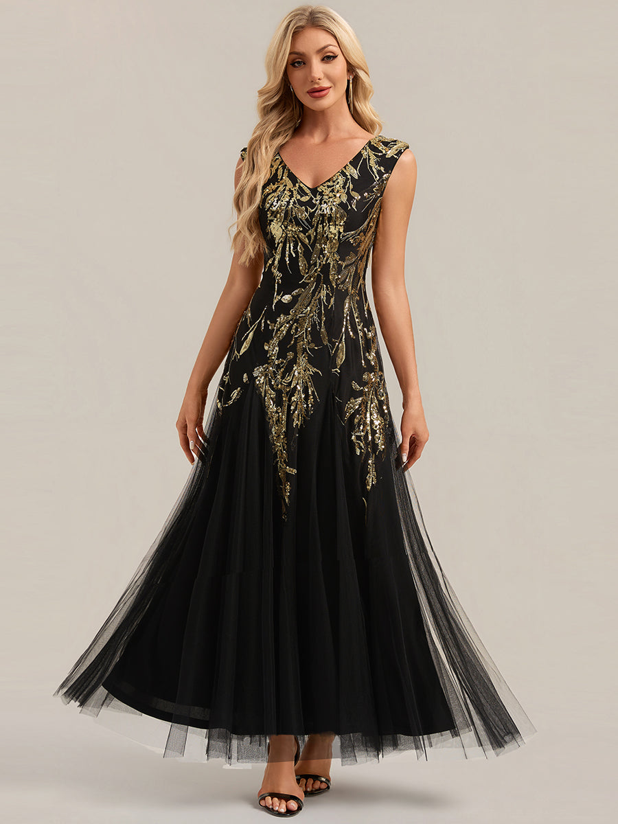 Bodenlanger V-Ausschnitt A-Linie Pailletten Kleid Mit Besticktem Blumenmuster #Farbe_Schwarz & Gold