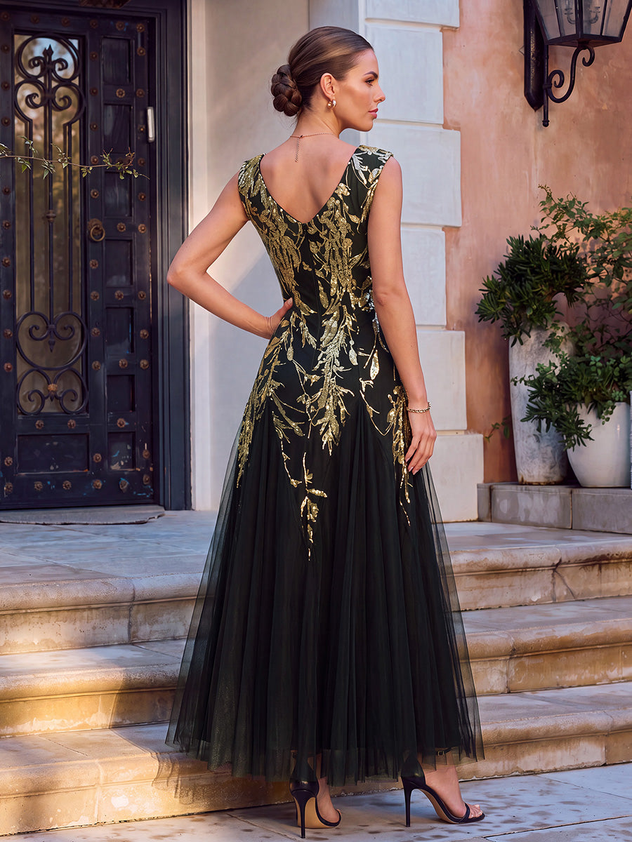 Bodenlanger V-Ausschnitt A-Linie Pailletten Kleid Mit Besticktem Blumenmuster #Farbe_Schwarz & Gold