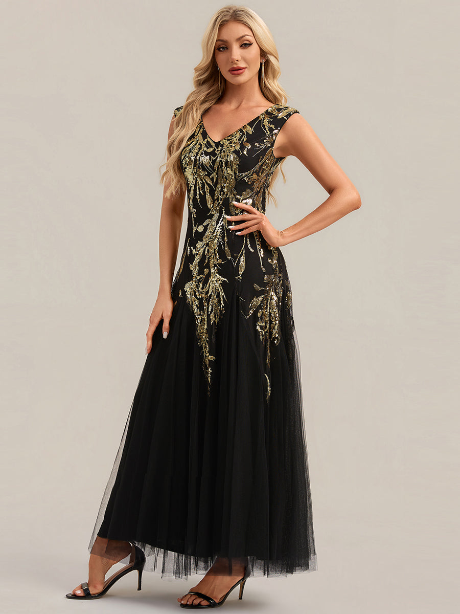 Bodenlanger V-Ausschnitt A-Linie Pailletten Kleid Mit Besticktem Blumenmuster #Farbe_Schwarz & Gold