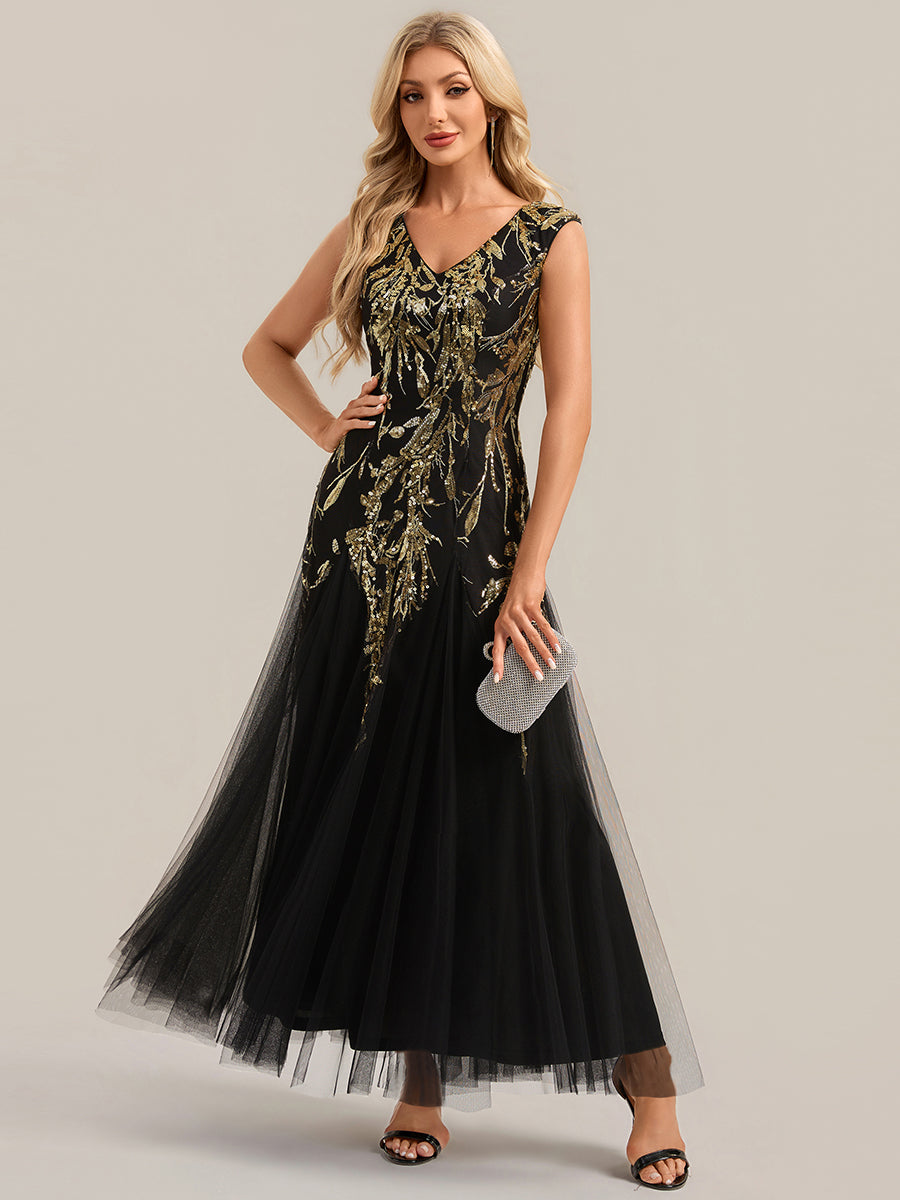 Bodenlanger V-Ausschnitt A-Linie Pailletten Kleid Mit Besticktem Blumenmuster #Farbe_Schwarz & Gold