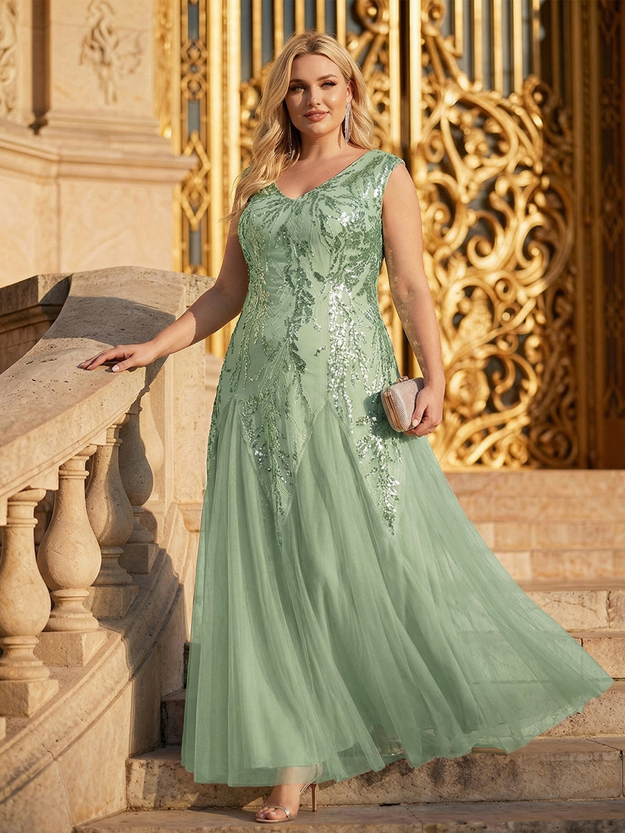 Bodenlanger V-Ausschnitt A-Linie Pailletten Kleid Mit Besticktem Blumenmuster #Farbe_Mintgrün