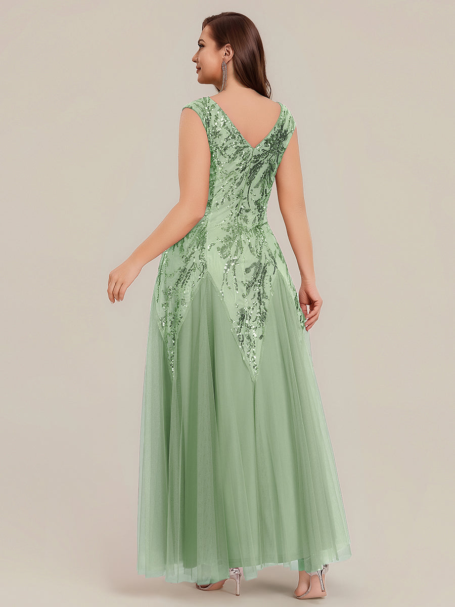 Bodenlanger V-Ausschnitt A-Linie Pailletten Kleid Mit Besticktem Blumenmuster #Farbe_Mintgrün