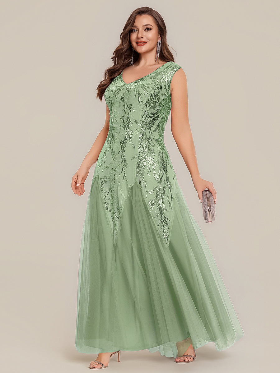Bodenlanger V-Ausschnitt A-Linie Pailletten Kleid Mit Besticktem Blumenmuster #Farbe_Mintgrün