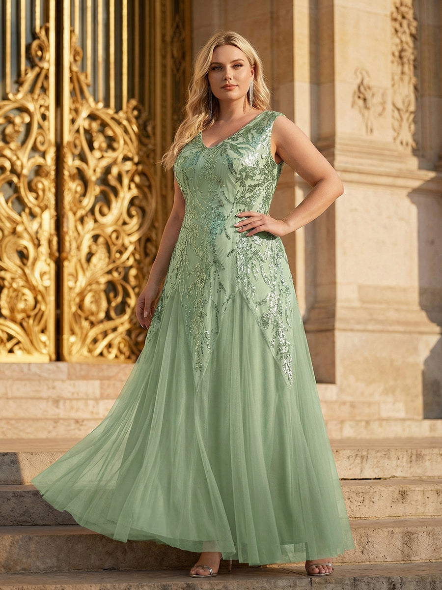 Bodenlanger V-Ausschnitt A-Linie Pailletten Kleid Mit Besticktem Blumenmuster #Farbe_Mintgrün