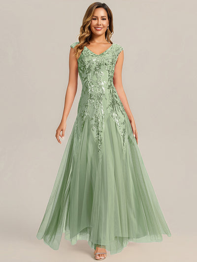 Bodenlanger V-Ausschnitt A-Linie Pailletten Kleid Mit Besticktem Blumenmuster #Farbe_Mintgrün