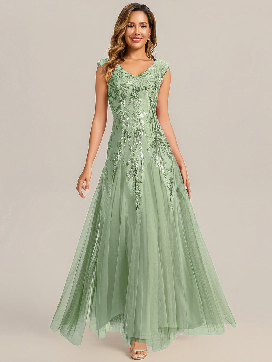 Bodenlanger V-Ausschnitt A-Linie Pailletten Kleid Mit Besticktem Blumenmuster #Farbe_Mintgrün